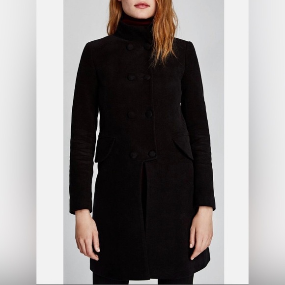 Zara black moleskin high collar double breasted coat - Picture 2 of 6